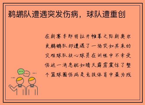 鹈鹕队遭遇突发伤病，球队遭重创